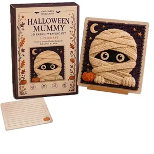 Complete DIY Halloween Mummy 3D fabric weaving kit with display frame, no sewing needed.