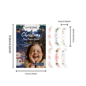Detail showing 6 festive Christmas face tattoo stickers with dimensions and packaging.