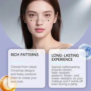 Detail view of festive Christmas face tattoo stickers with rich patterns on a model's skin.