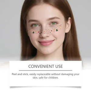 Christmas facial tattoo stickers showing convenient peel and stick use on a model's face.