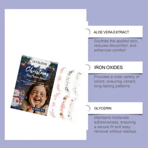 Detail of Christmas face tattoo stickers highlighting soothing ingredients like aloe vera