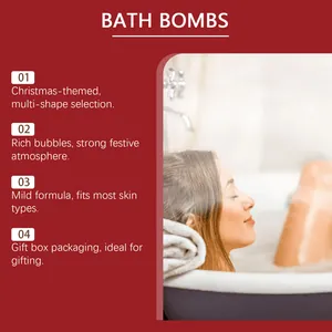 Vista detallada de bombas de baño navideñas con una mujer relajándose en una bañera