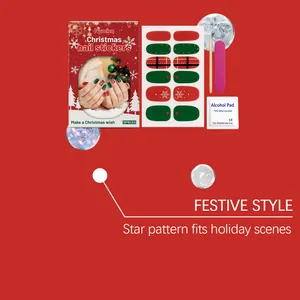 Complete Christmas gel nail sticker kit featuring festive red and green star patterns