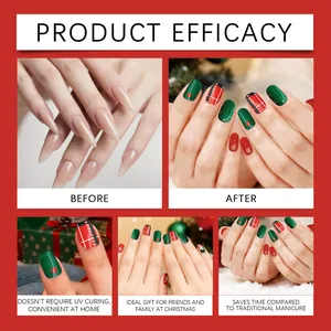 Detailed view of Christmas themed gel nail stickers in festive red and green plaid patterns
