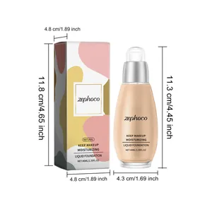 Detaillierte Maße der feuchtigkeitsspendenden ZEPHOCO Foundation Flasche und der Verpackungsbox