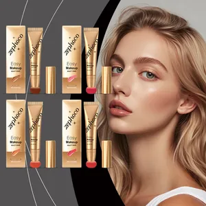 Four shades of Zephoco liquid blush wands with model showing facial makeup effect