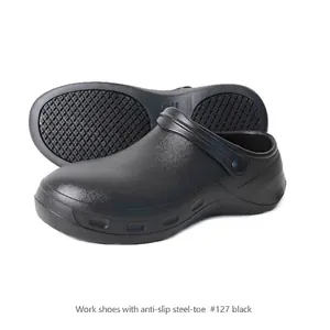 Black anti-slip steel-toe safety work shoes for factory use side and sole view