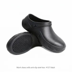 Black steel-toe safety clogs showing side view and slip-resistant sole grip