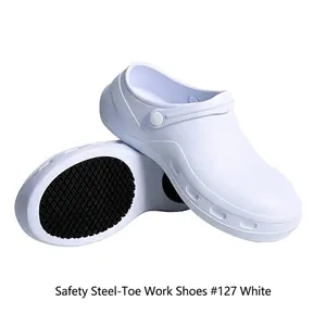 Durable white waterproof work shoes with anti-slip rubber sole and steel toe protection