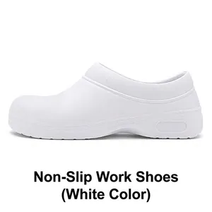 Detailed side profile of white non-slip safety work shoe for kitchen and medical use