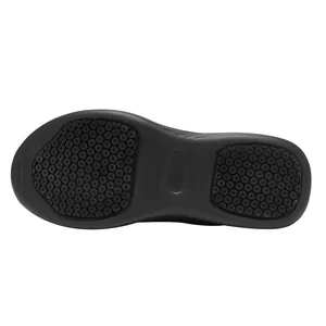 Macro view of the anti-slip hexagonal tread on a black waterproof chef shoe sole