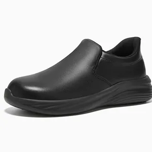 Side view detail of a professional black oil-proof and non-slip slip-on work shoe for chefs.