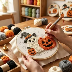 Halloween Geest Borduurpakket DIY Punch Needle Craft Set Met Houten Borduurring Garen Pompoen Heksenhoed Patroon Handgemaakt Cadeau