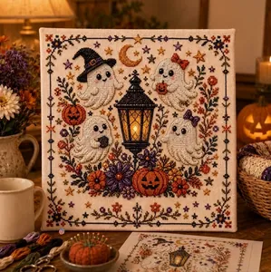 Close-up van een voltooid Halloween spook kruissteekpakket met feestelijke pompoenen