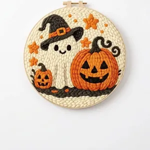 DIY Halloween punch needle borduurpakket met schattig spook en festieve pompoenen