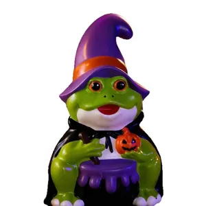 Figura decorativa de rana bruja de Halloween con sombrero púrpura y calabaza