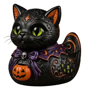 Detailed gothic black cat duck figurine with pumpkin basket and skull bow for Halloween