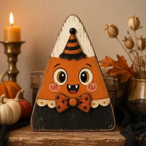 Detail of cute wooden candy corn tabletop character for Halloween decor