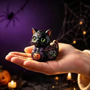 Detailed view of miniature Halloween cat-duck figurine with pumpkin and skull bow