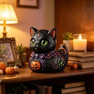 Close-up of Halloween cat-duck figurine with pumpkin bucket in a cozy room setting