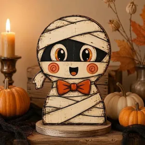Close-up of a cute wooden mummy character tabletop decoration for Halloween scene