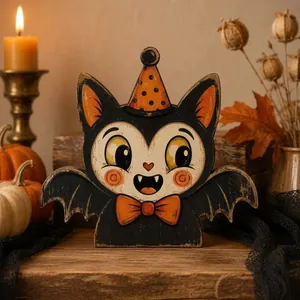 Detailed macro shot of a cute vintage wooden bat ornament for Halloween decor.