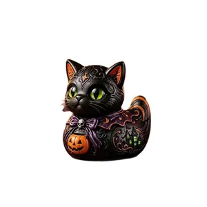 Intricate Halloween black cat-duck figurine with skull bow and carved pumpkin bucket