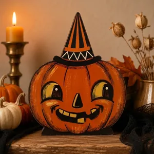 Detailed view of a vintage wooden Halloween pumpkin character tabletop decoration.