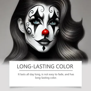 Vue macro détaillée montrant le maquillage de clown noir et blanc professionnel et durable