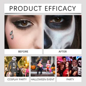 Palette de maquillage Halloween montrant les effets avant et après pour cosplay et soirées