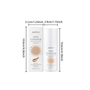 Detailed dimensions of ZEPHOCO Liquid Foundation bottle and packaging box in cm and inches.