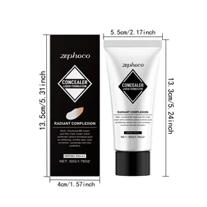 Detailed dimensions of ZEPHOCO liquid foundation packaging and tube in cm and inches.