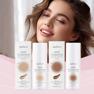 Detail view of ZEPHOCO liquid foundation bottles and boxes with a soft pink background