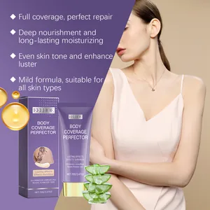 Dettaglio crema coprente corpo con packaging, ingredienti ed effetto pelle liscia su modella