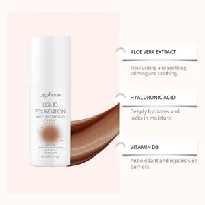 Detailed view of Zephoco liquid foundation featuring aloe vera and hyaluronic acid.