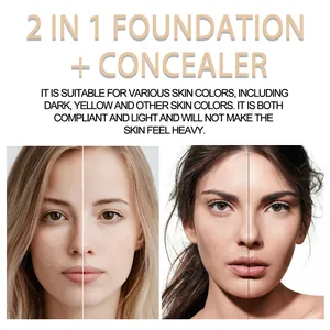 Before and after comparison of 2-in-1 foundation and concealer on different skin tones.