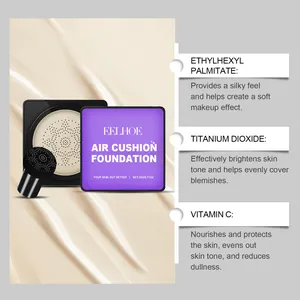 Close-up detail showing EELHOE air cushion foundation ingredients like Vitamin C and Titanium Dioxide