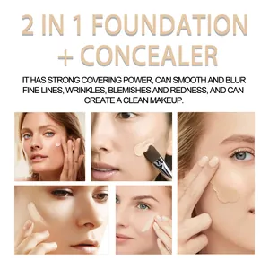 Close-up demonstration of 2-in-1 foundation and concealer covering blemishes on various skin tones.