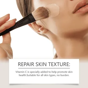 Detailed macro view showing moisturizing Vitamin C DD cream applied with a soft makeup brush