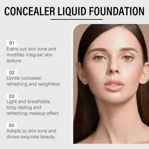 Model face detail showing smooth concealer foundation finish and feature list description