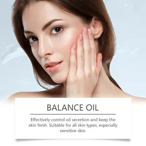 Professional model showing clear skin with oil balance and hydration product details.