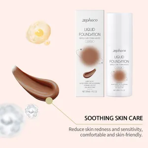 ZEPHOCO Cocoa Liquid Foundation detail view of packaging and smooth liquid texture swatch