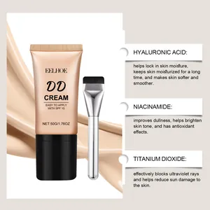 Detailed view of EELHOE DD Cream featuring a makeup brush and ingredient benefits