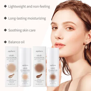 Macro detail of zephoco liquid foundation bottles and boxes with a beauty model visual