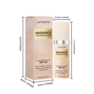 Λεπτομερείς διαστάσεις του μπουκαλιού JAYSUING Radiance Foundation και της συσκευασίας