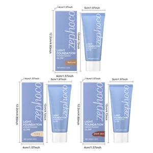 Detaillierte Abmessungen und Verpackung der Zephoco Light Foundation für drei Hauttöne.