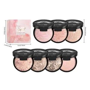 Seven shades of Zephoco baked foundation with marble texture and product dimensions