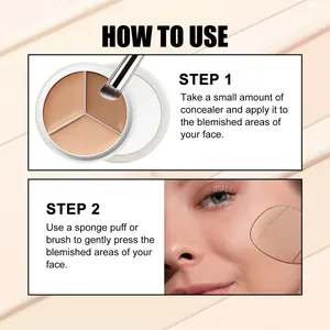 Macro view of two-step instruction for using three-color cream concealer with brush