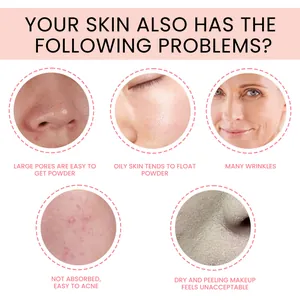 Macro view of skin concerns like pores, wrinkles, and acne addressed by foundation