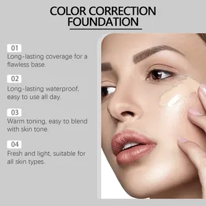 Close-up of color correction foundation applied to model's face with feature list